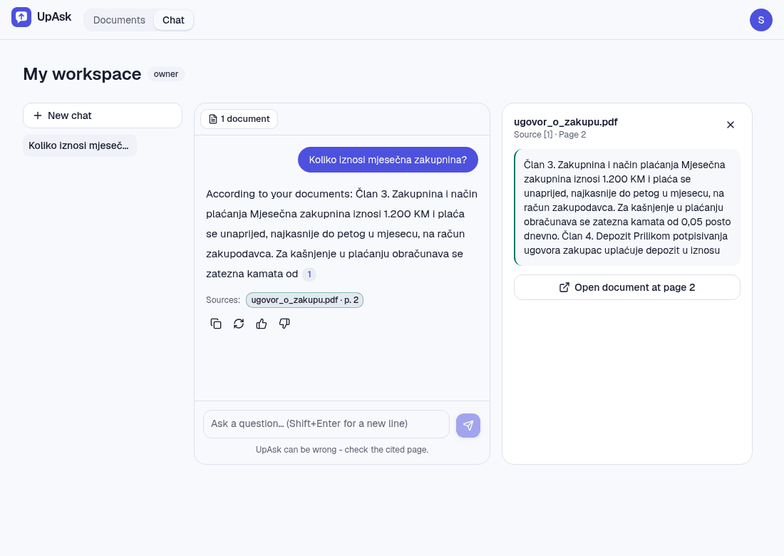 UpAsk answering a question with a citation to the document and page